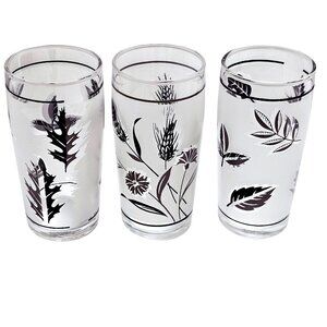 3 Frosted Wildflower Leaves Juice Glasses 4" midcentury botanical nature 6oz gla